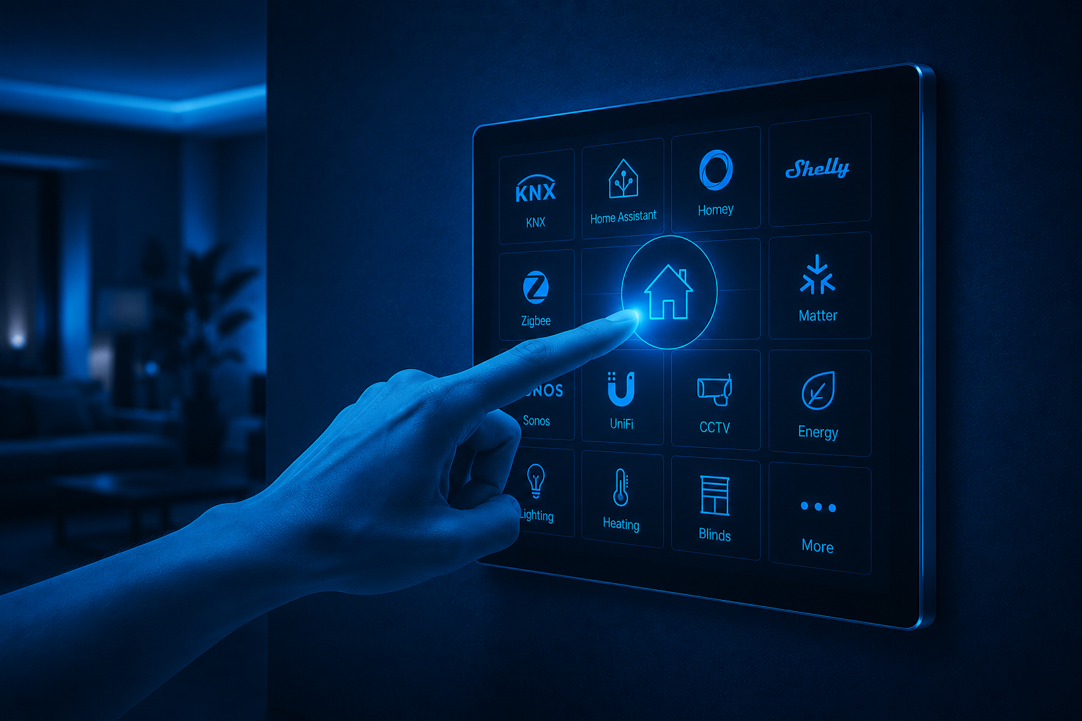 Hand touching a wall-mounted smart home control panel in a darkened room