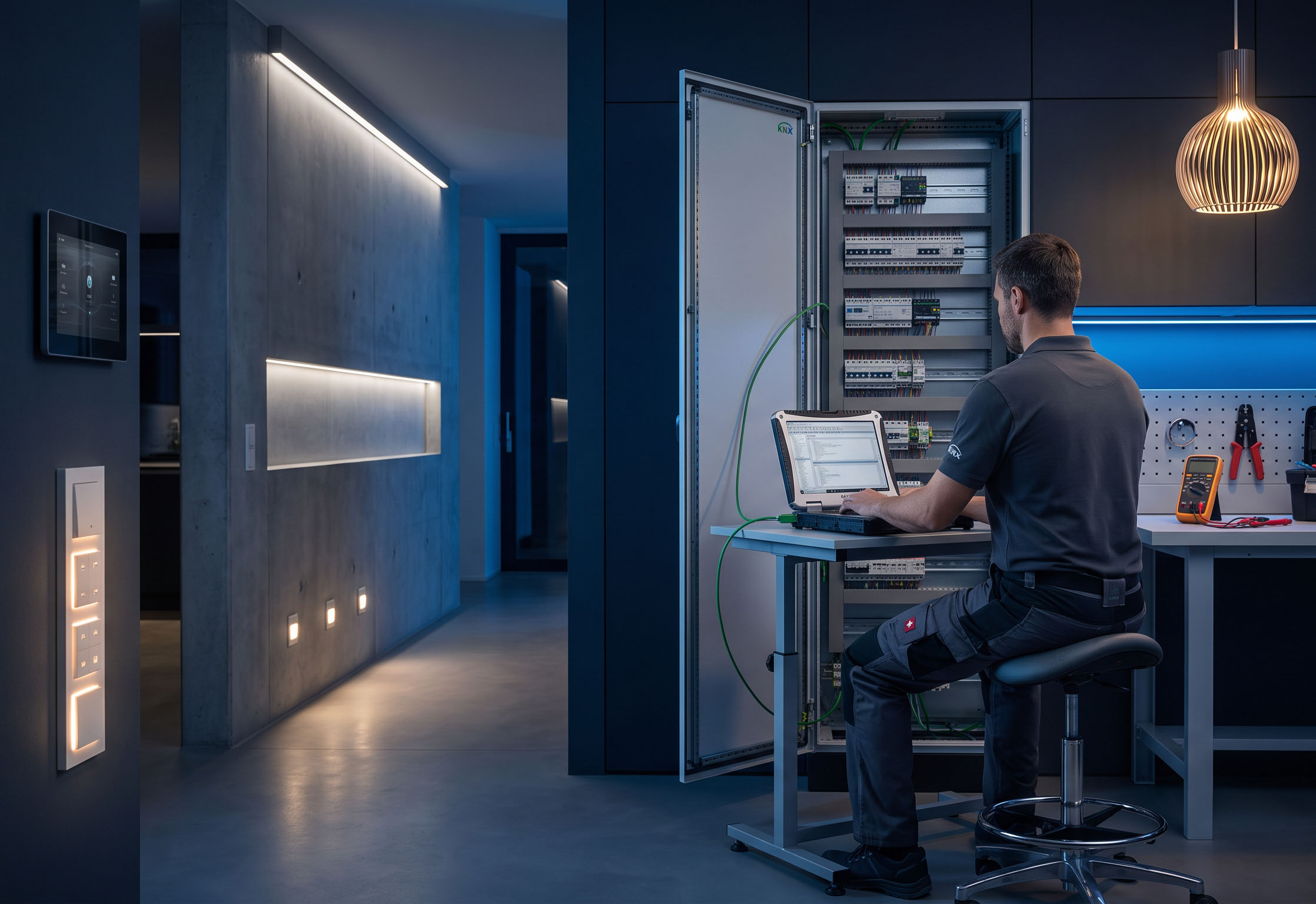Smart Sparx engineer commissioning a KNX distribution panel