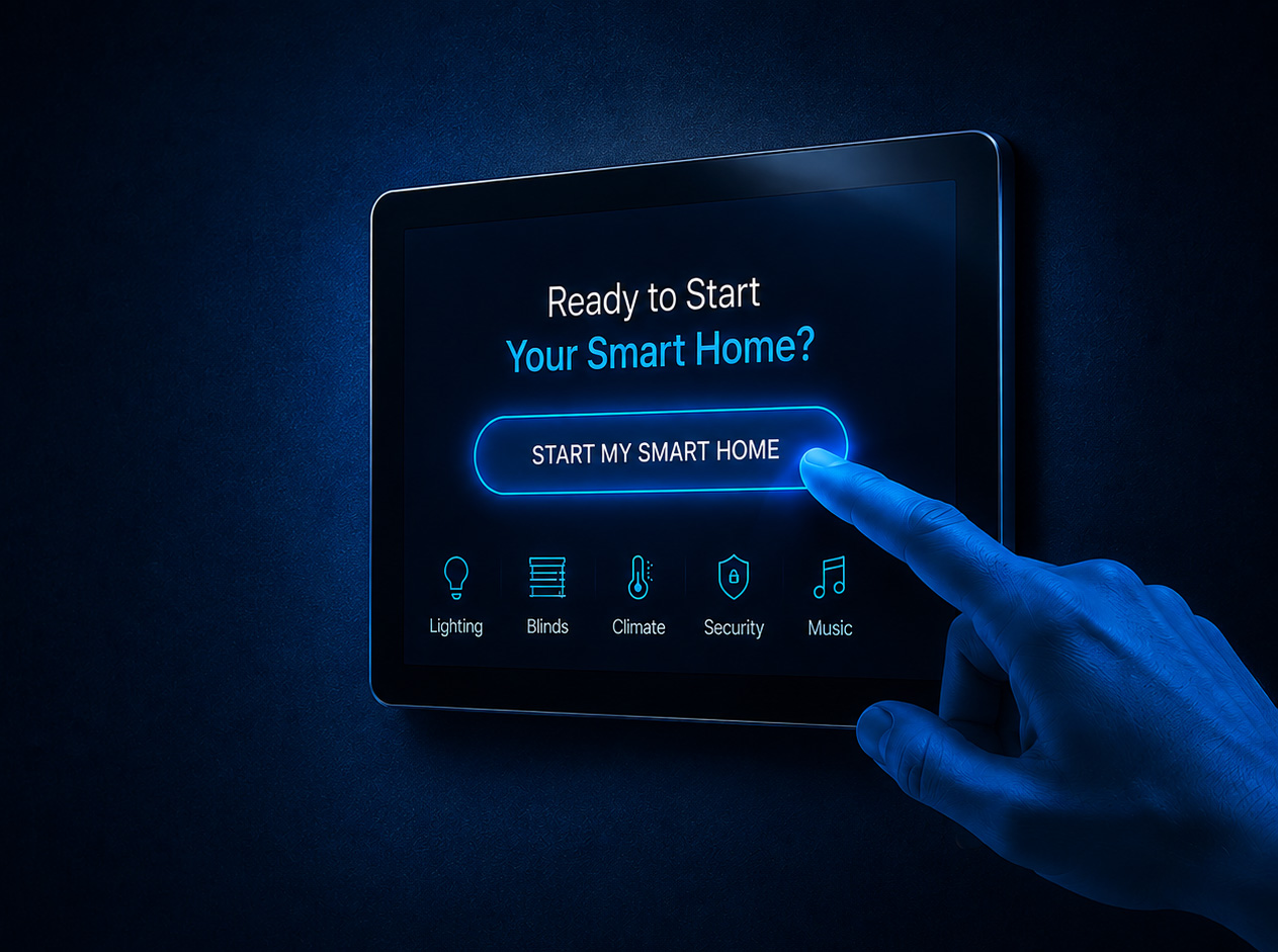 Hand tapping a smart home control app on a tablet