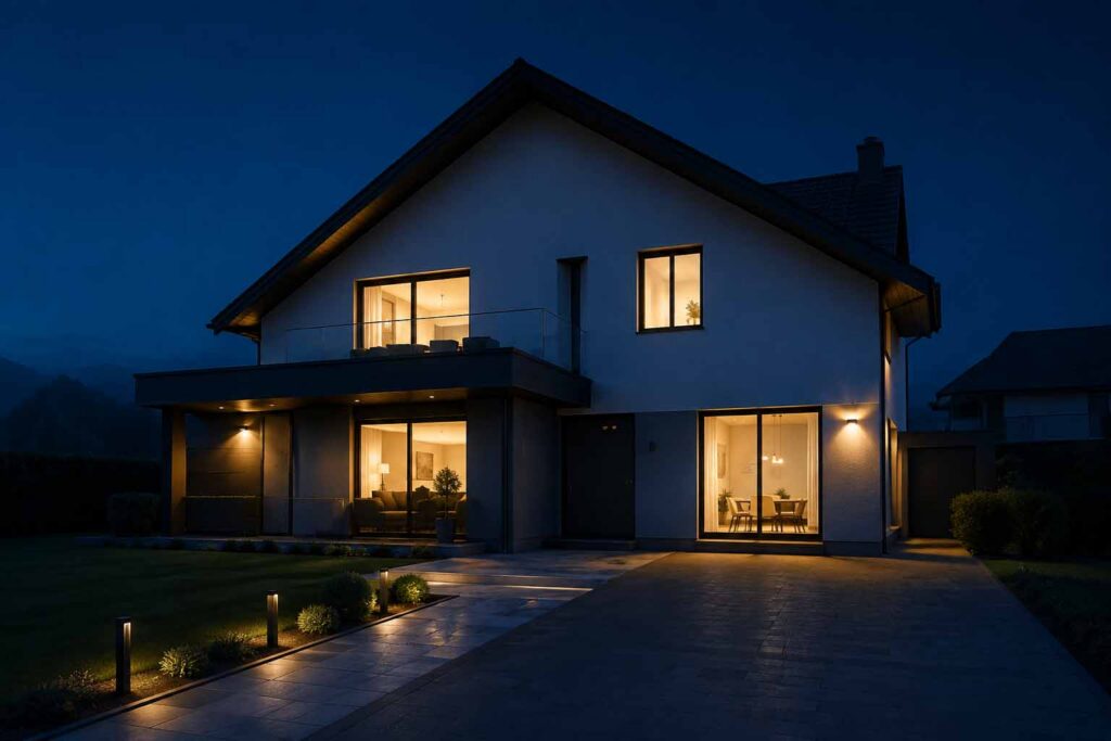 Modern detached house at dusk with lit windows and garden lighting