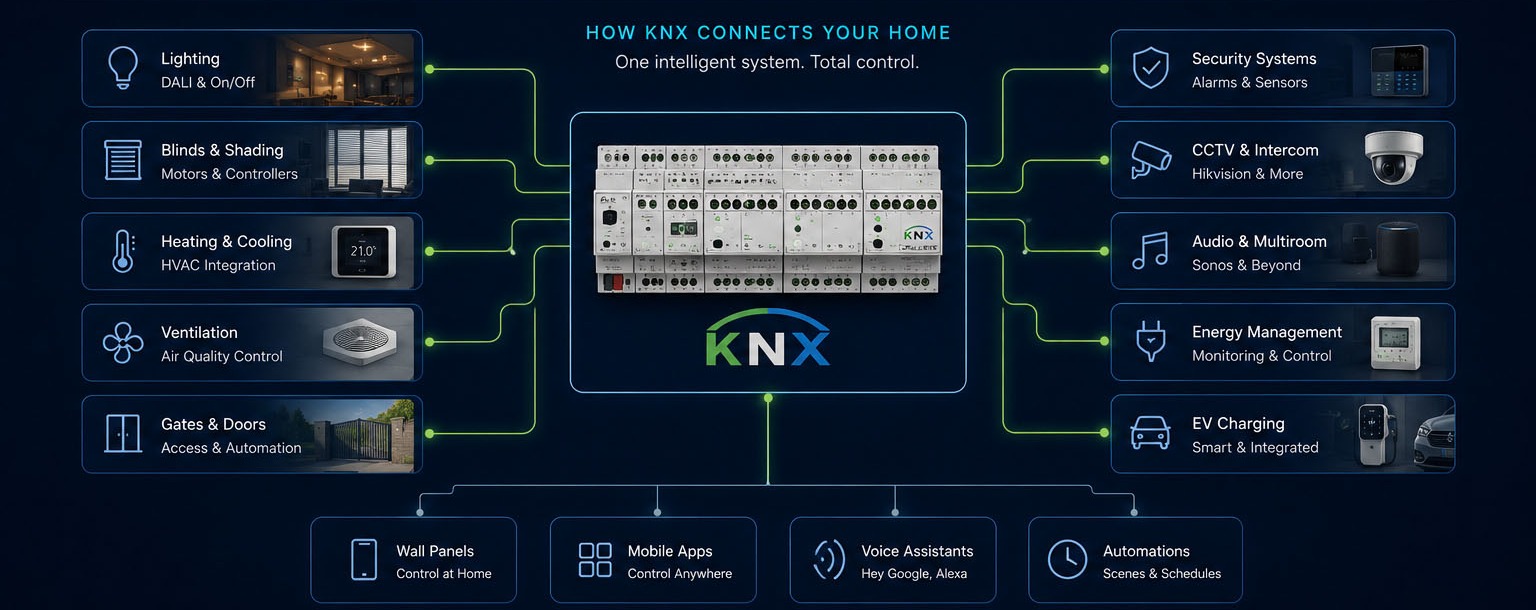 KNX system diagram: lighting, blinds, heating, ventilation, gates, security, CCTV, audio, energy and EV charging all connected to one KNX bus, controlled by wall panels, mobile apps, voice assistants and automations