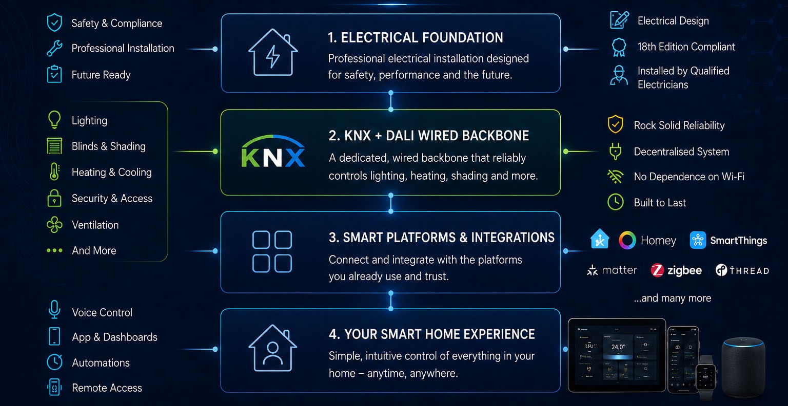 Four-stage Smart Sparx method: electrical foundation designed and installed by qualified electricians to 18th Edition, a KNX and DALI wired backbone, smart platform integrations, and the finished smart home experience